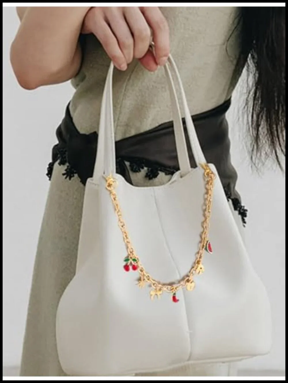Gold Plated Fruit Charm Bag Chain Keychain Purse Accessory 7 Charms Cherry